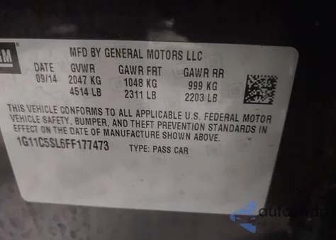 2015 Chevrolet Malibu 1Lt из США, поврежденный, VIN 1G11C5SL6FF177473